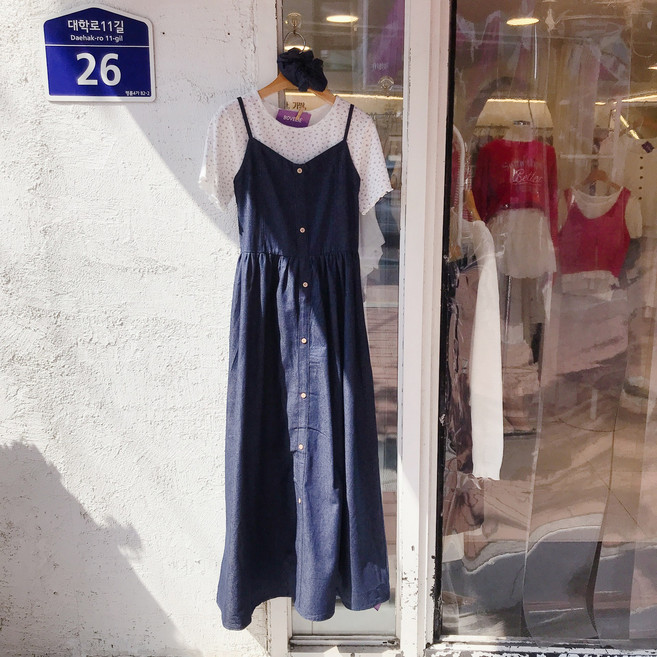 (머리끈set) 페미닌 데님 스모크 뷔스티에 원피스