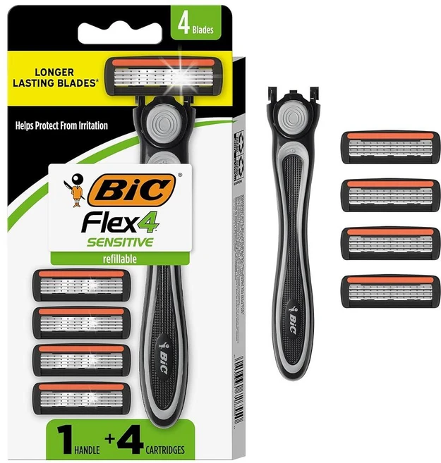 BIC 플렉스 4 민감성 하이브리드 남성용 4중날 일회용 면도기 카트리지 4개 핸들 1개 피부를 자극으로부터 보호 - 쿠팡
