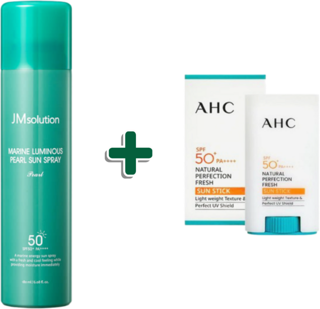 AHC 네추럴 퍼펙션 프레쉬 선스틱 17g + 제이엠솔루션 청광 마린 진주 선 스프레이 펄 180ml 세트, 1개