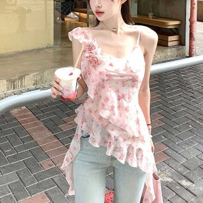 여자 여름 쉬폰 나시티 플로럴 나염 어깨 언발란스 프릴 슬리브리스 상의 JS