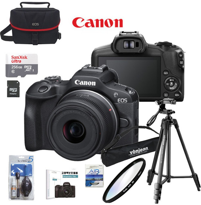 CANON EOS R100 18-45 KIT+256G+정품가방+삼각대+KENKO AIR UV 필터+크리닝킷+LCD필름+리더기 고용량 브이로그 풀패키지