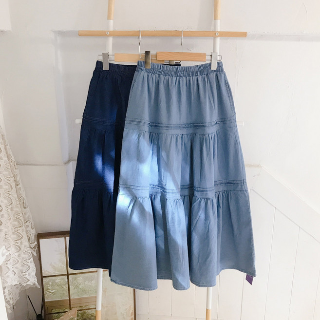 봄 데님 핀턱 라인 캉캉 롱 스커트