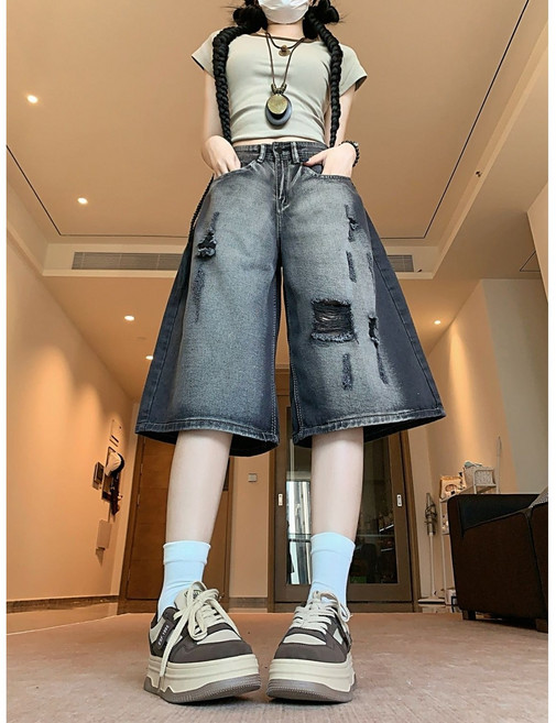 COSYEVNO 여성 여름 와이드 7부 데님 팬츠 찢어진 청바지 캐주얼 바지 BCXgx-4