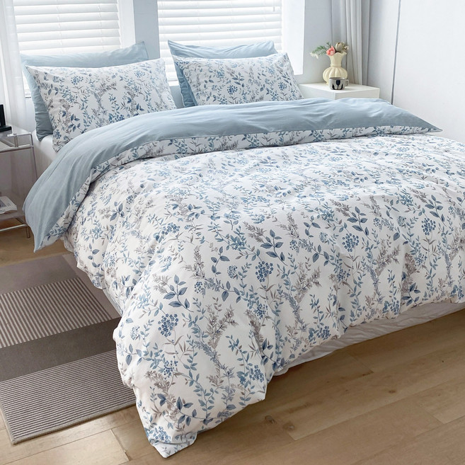 COZYKISS 화사한 화원 순면 100% 이불커버 단품 부드러운 침구 S/SS/D/Q, 나뭇잎-블루