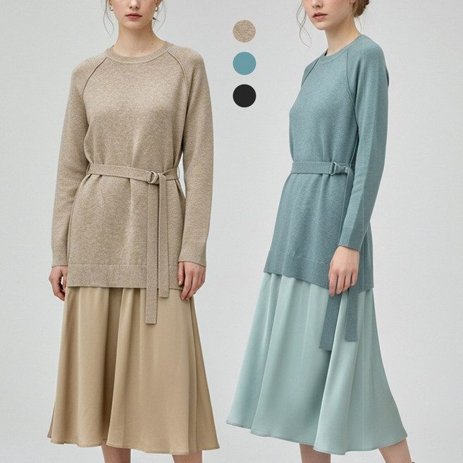 니트코어 여성 빅사이즈 루즈핏 여유 우븐 배색 플레어 벨트 니트 롱원피스 임산부원피스 임부복 등하원룩 겨울하객룩 하객원피스