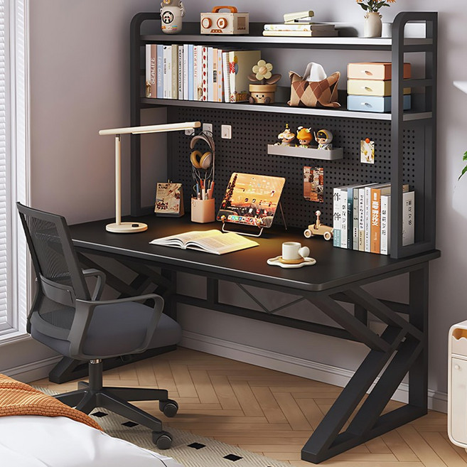 홈컴 책상 타공판 철제 1인용 책장 일체형 게이밍 컴퓨터 테이블, 블랙