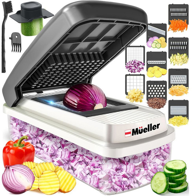 뮬러 야채 초퍼 9 블레이드 만돌린 슬라이서 식품 채소 치즈 강판 용기가 있는 양파 커터 다이커 주방 기기 및 필수품 화이트 샌드그레이, White Sand/Grey_9 blade, 1개