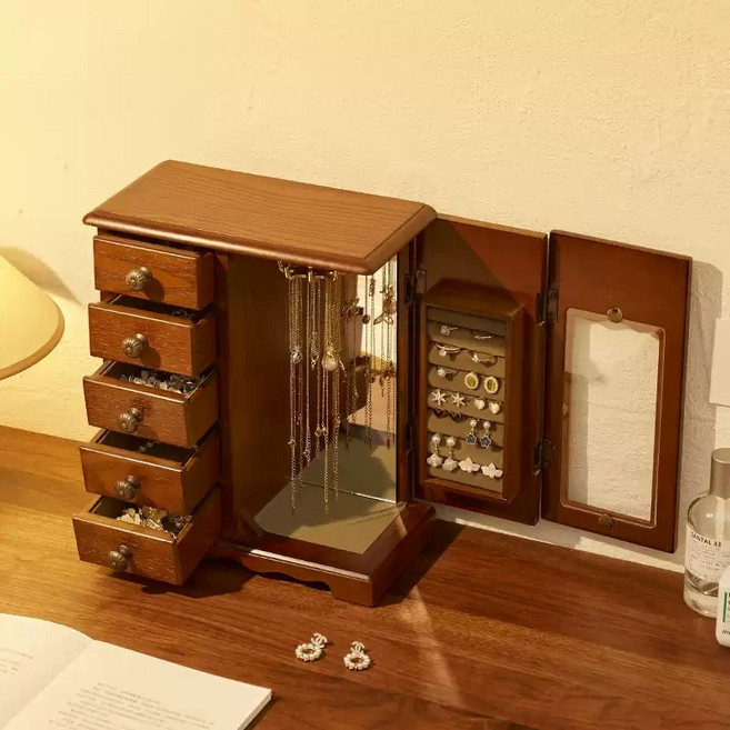 復古櫥櫃飾品櫃 可掀門設計 高級木質飾品收納盒 戒指耳環首飾珠寶展示盒, 1個, 深色款, 深色款