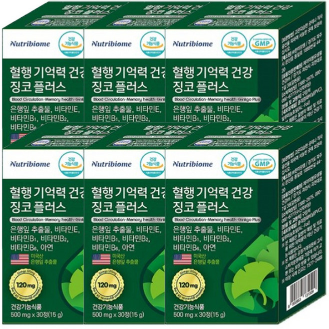 뉴트리바이옴 징코 플러스 기억력 개선 / 혈행 개선에 도움을 줄수 있음 / 혈액 생성이 필요한 영양제 은행잎추출물 비타민E 비타민B6 엽산 아연, 30정, 6개