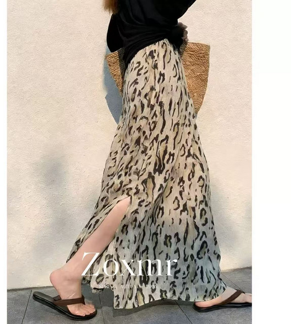 페이준 여성 봄 여름 하이웨스트 슬림 호피 트임 스커트 얇은 A라인 롱스커트 YJ5681