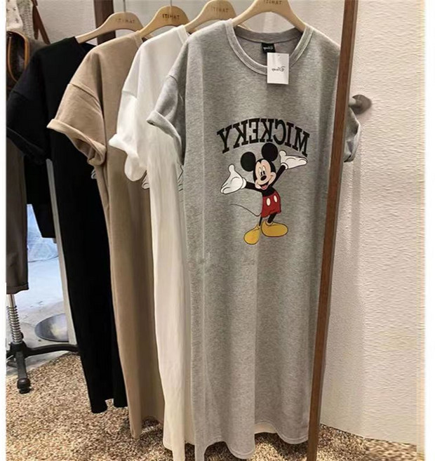 여름 미키 루즈핏 미디 원피스 반팔 티셔츠 롱스커트