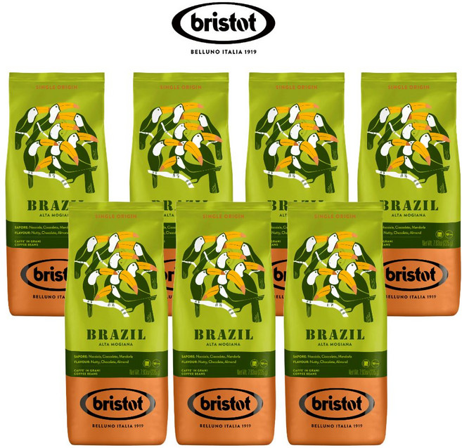 미슐랭 [브리스토트] BRISTOT SINGLE BRAZIL 싱글 브라질 | 이탈리아 에스프레소 원두커피 | 미디엄 로스팅 | 225g 1개맛있는 원두커피 원두커피 홀빈 분쇄안함, 7개, 홀빈(분쇄안함)