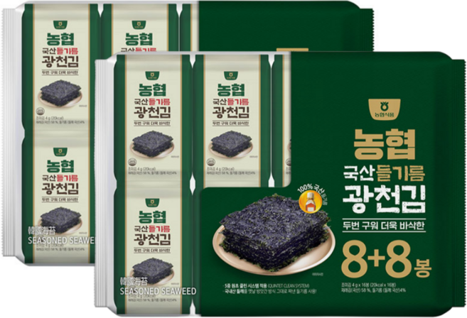 농협 두번 구워 고소한 국산들기름 광천김, 4g, 32개