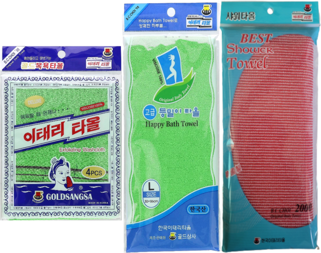 국내산 이태리 타올 4매 / 골드상사 목욕타올/이태리타올 / 목욕타올/국내생산, 그린+등밀이L+샤워타올, 1개입, 4개
