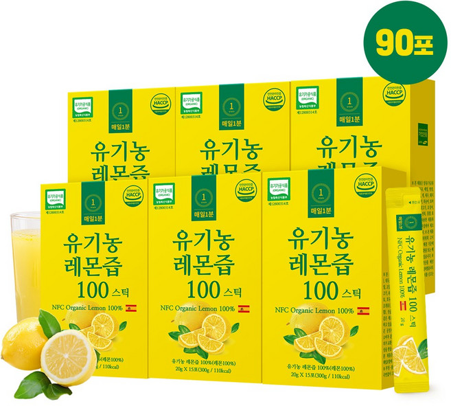 매일1분 유기농 레몬즙 NFC 원액 100% 스틱 레몬수, 90개, 20g