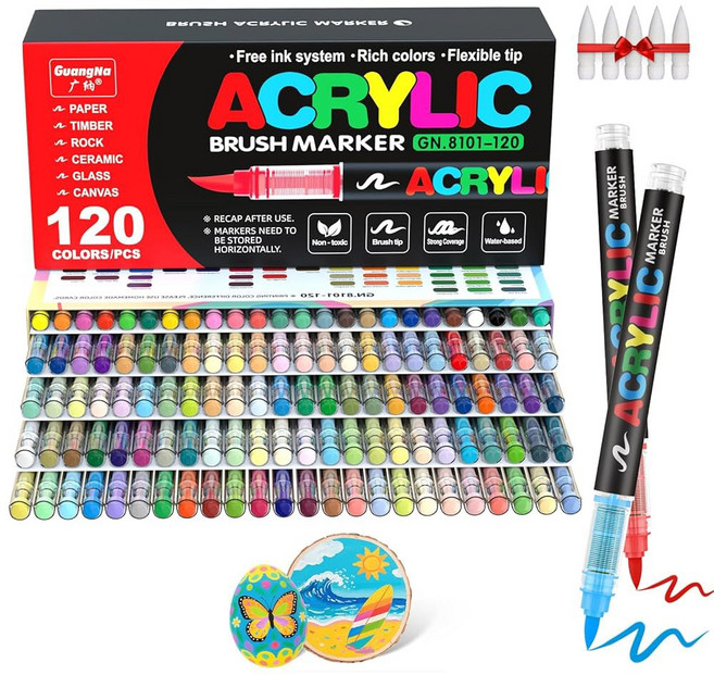 광나 아크릴 페인트 마커 브러시 팁 120가지 생생한 색상과 직액 잉크 컨트롤 시스템 암벽화 캔버스 유리 플라스틱 직물 및 창의적인 공예를 위한 전문가급 펜, 1 Count (Pack of 72), Multicolor