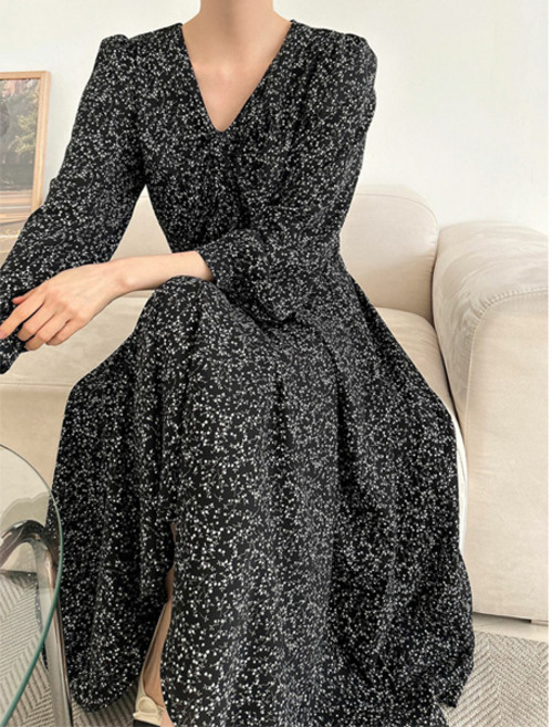 마이쏭 여성 루즈핏 빅사이즈 앞셔링브이넥쉬폰롱원피스