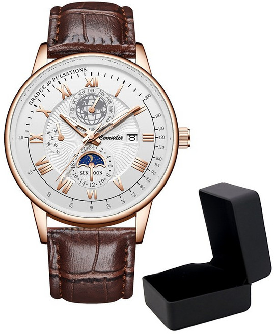 JWW025 Comudin 고급 럭셔리 패션 가죽 밴드 원형 문페이즈 타임피스 남자 손목 시계