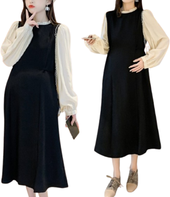 해피인뉴 여성 프릴넥 오버핏 임산부 하객룩 긴소매 롱 원피스