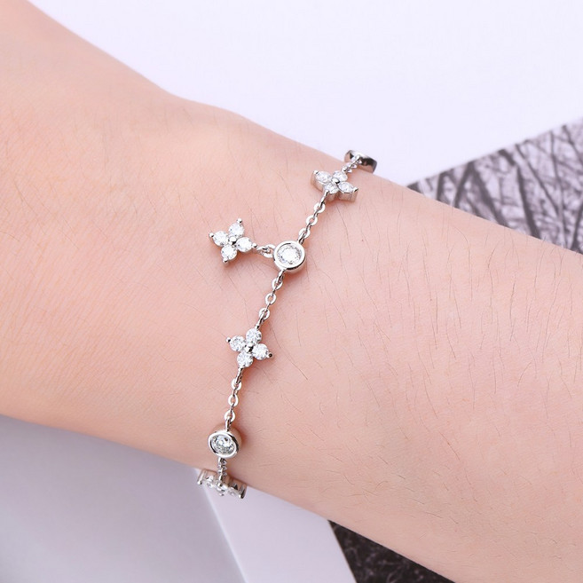 모이사나이트 925 순은 14K도금 팔찌 여성 패션 행운 네잎클로버 체인 팔찌 주얼리 생일선물 GRA보증서