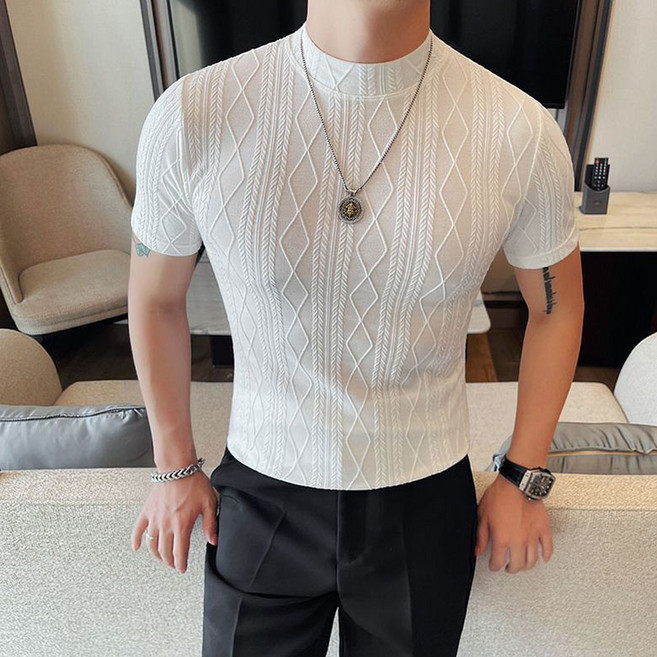 FANSYLI 남자 반팔 티셔츠 반하이넥 슬림 이너티 고급 비즈니스 캐주얼 티셔츠 투피스 빅사이즈 X2601J13