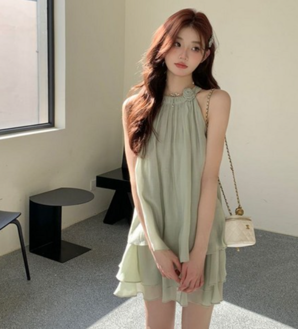 여성 여름 원피스 세트 슬리브리스 홀터넥 원피스 프릴 치맛자락 미니원피스