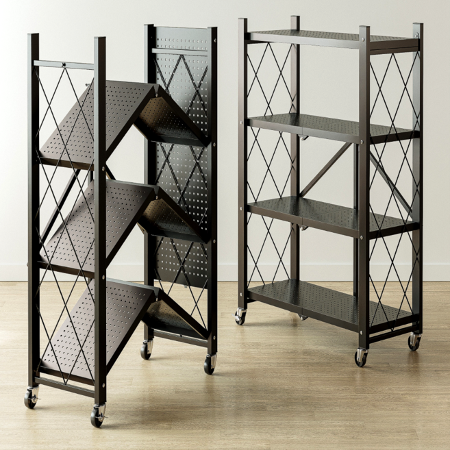 솔리드랙 원터치 접이식 철제 선반 다용도 이동식 폴딩 바퀴선반, 4단, 블랙