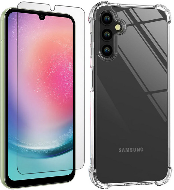 벌크온 갤럭시 A24 강화유리 액정 보호 필름 + 투명 범퍼 케이스, 1세트