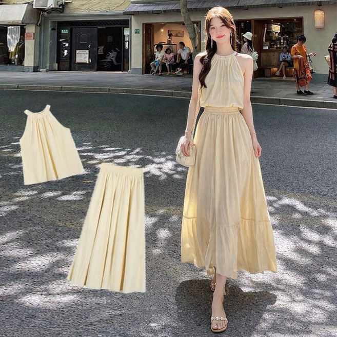 【梨卡】隔日到貨 女裝【套裝】上衣 長裙 半身裙 氣質洋裝 休閒長裙 掛脖背心 鬆緊腰半身裙 HZ007, 如圖色-兩件套