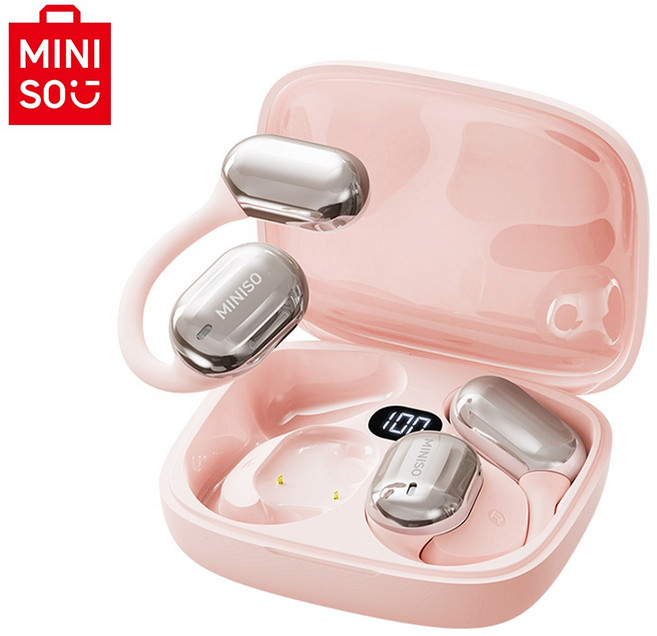 MINISO 이어폰 AI 자동통역 이어폰 블루투스 오픈형 회의 실시간 기록 양방향 통역, 핑크, MS162