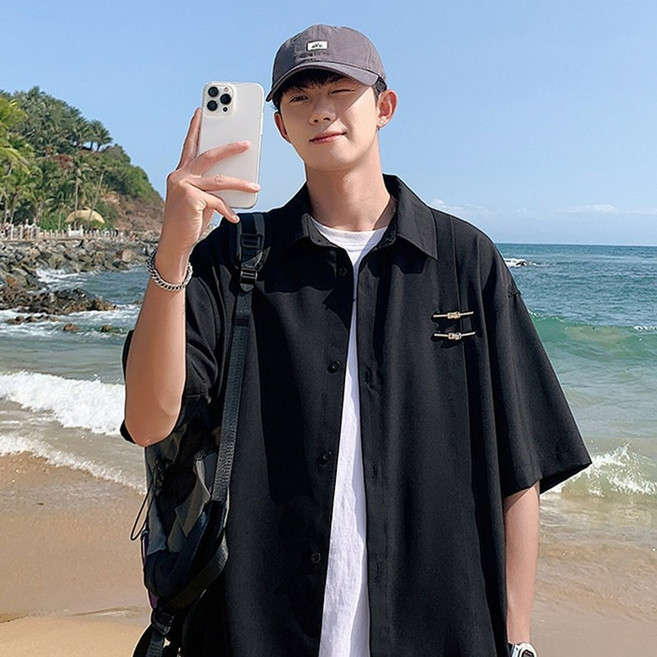 Asure 여름 남성 반팔 셔츠 루즈핏 베이직 셔츠 자켓