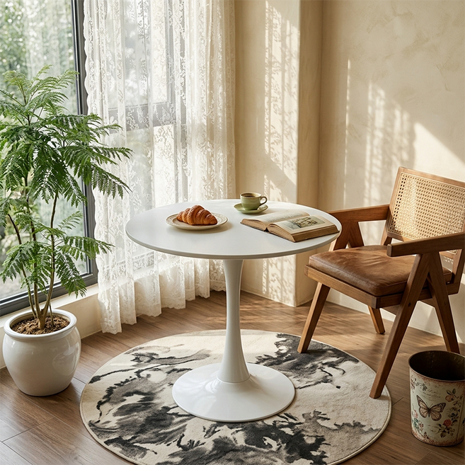 SeekFun 원형 식탁 거실 테이블 카페 레스토랑 인테리어 테이블 화이트톤 다이닝 가구 2인용 3인용 4인용 패밀리 식탁, 화이트