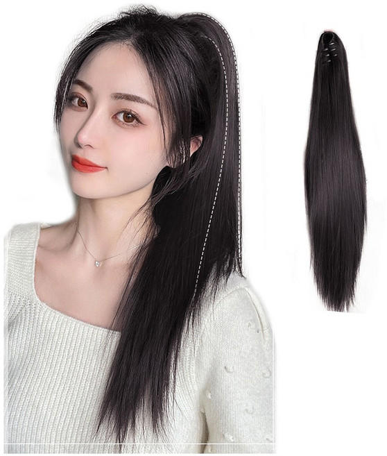 가발위드 스트레이트 세발 집게형 포니테일, 블랙브라운, 1개