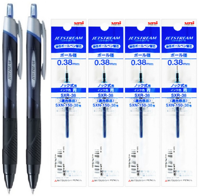 유니 제트스트림 볼펜 0.38mm, 0.38 블루 2개+리필심 4개, 1세트