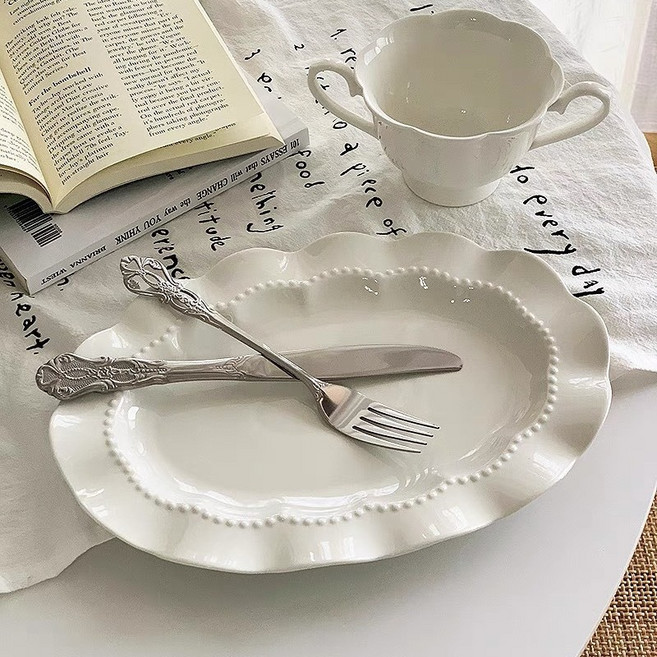 프렌치 웨이브 펄 패턴 접시 스테이크 접시 대접시 브런치 파스타 플레이팅 예쁜 디저트 접시 2개, 하얀색