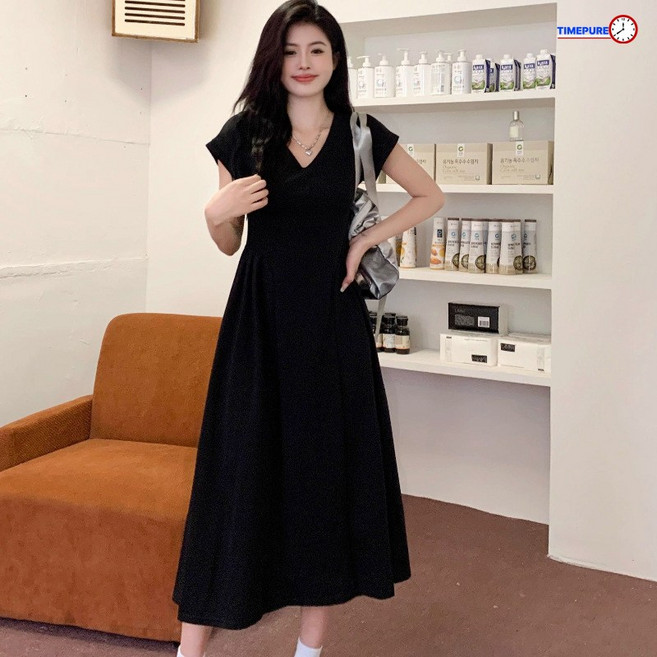 여성 여름 V넥 허리조임 루즈핏 반팔 롱 원피스 솔리드 편안 데일리 베이직 캐쥬얼 시원한 드레스 빅사이즈 임부복