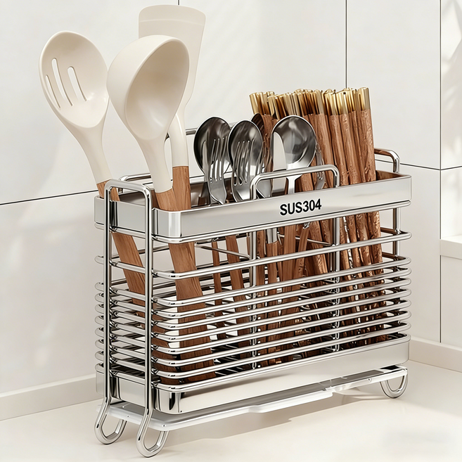 블럭마트 주방 304 스텐 자동 물빠짐 수저꽂이 3구, 1개, TYPE 01