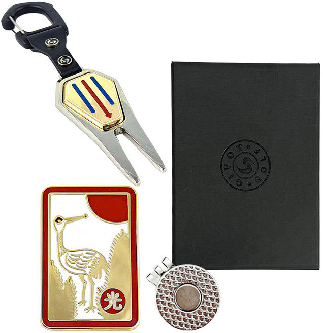 지봇골프 오광 X 디보트툴 볼마커 고리형 선물세트, 1세트, 골드 골드