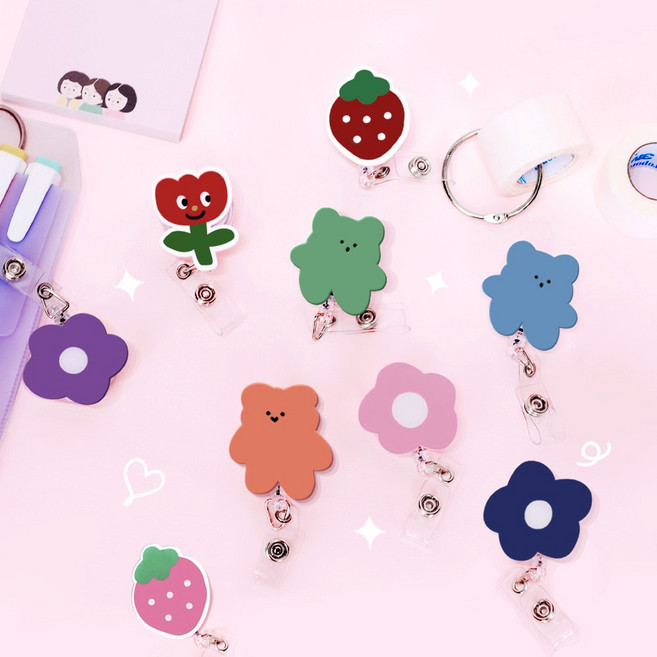 너스키니 아크릴 캐릭터 ver.2 테이프걸이 강력 클립형 간호사 릴홀더 테이프걸이 간호사용품 사원증 출입증 목걸이 간호사 릴홀더, 블루꽃