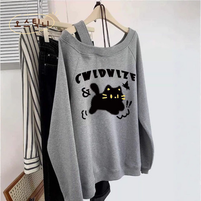 오스틱니 90kg까지 빅사이즈 2026 여성 봄가을 초특가 오픈 숄더 디자인 심플한 날염 일상 간절기 외출용 겨울 기모 보온 긴팔 맨투맨