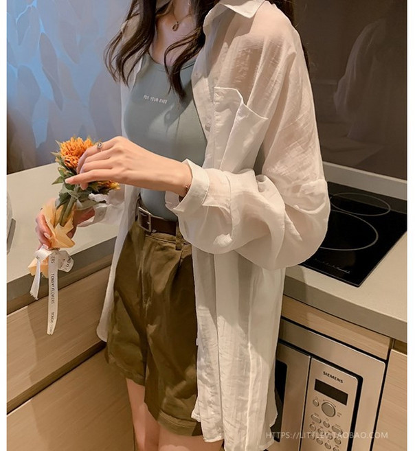 ANYOU 여성 루즈핏 롱 셔츠 블라우스 여름 얇은 자외선 차단 남방 아우터 데일리 오버핏 셔츠