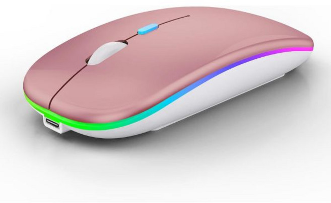 무선 블루투스 마우스 충전식 노트북 LED 조명 저소음 슬림 디자인 (BT5.2 및 2.4G 휴대용 USB 수신기 포함) 듀얼 모드 컴퓨터 마우스 (노트북/iPad/태블, Rose Gold Wireless Bluetooth M, 로즈 골드 무선 블루투스 마우스