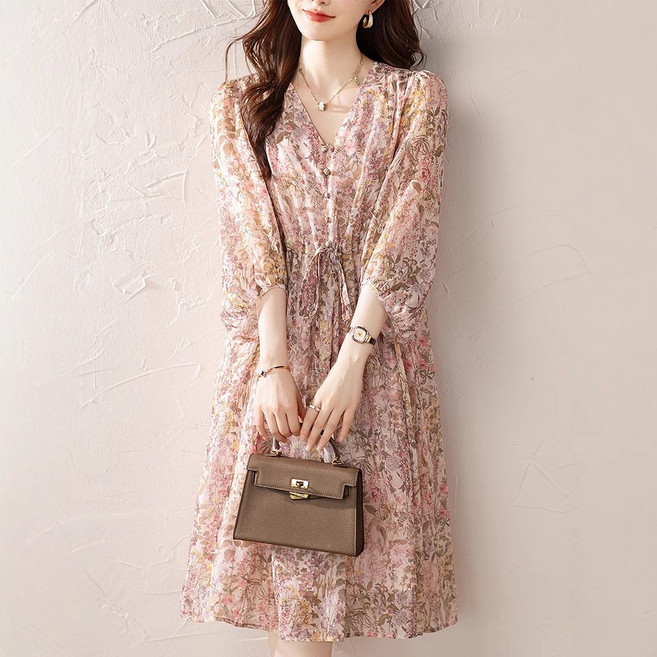 POMTOR 여성 패셔너블 캐주얼 플로럴 쉬폰 가벼운 미디 롱 원피스