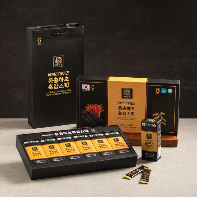 동충하초 흑삼 스틱 선물세트 쇼핑백 6년근 진액 농축액 9증9포, 120개, 12g