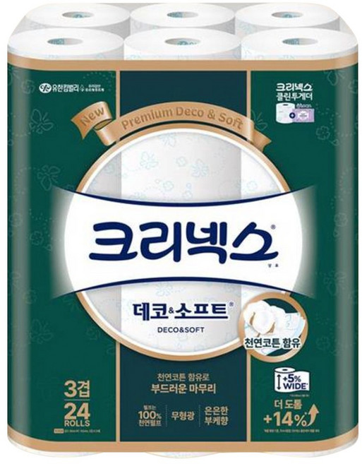 크리넥스 천연 펄프 데코 & 소프트 3겹 화장지 30m, 24롤, 1개