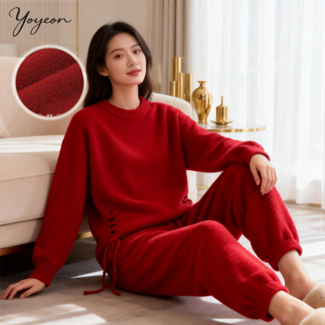 여성 무지 기모잠옷 긴팔 실내복 겨울 보온 수면잠옷 상하세트