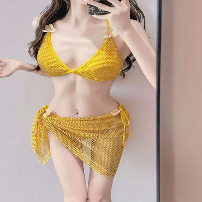 미나 여성 수영복 섹시 비키니 아웃도어 비치웨어 속옷+ 티팬티 3피스 세트, 노란색