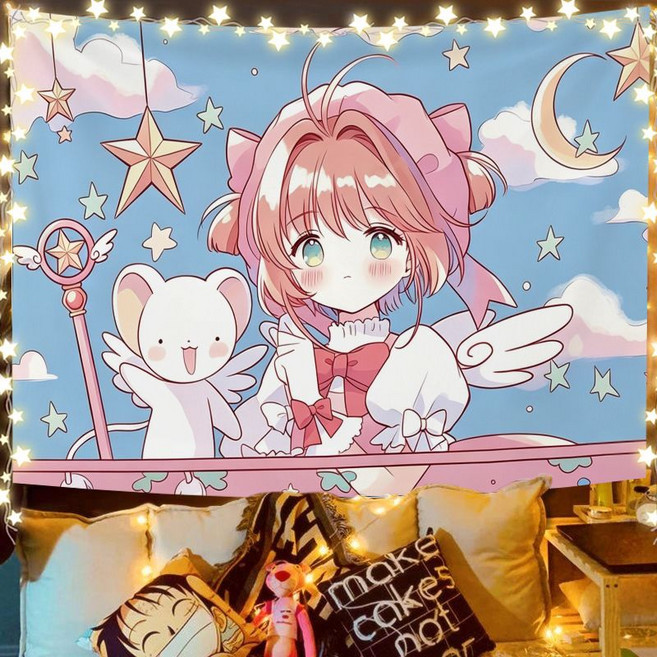 Q版魔卡少女櫻動漫掛布學生房間寢室床頭裝飾背景墻布, 1個, M魔卡少女櫻9寬2米高1.5米+6米燈+安裝包