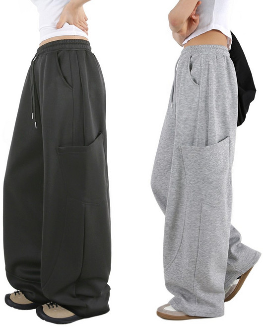 오버나인 여자 여성 봄 가을용 와이드 트레이닝바지 숏 롱기장선택 벌룬 포켓 커브드 바지 팬츠