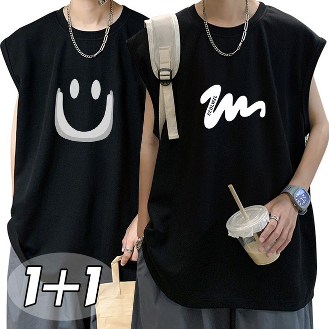 [1+1]별하늘 남성용 냉감 여름 민소매 프린트 나시 티셔츠